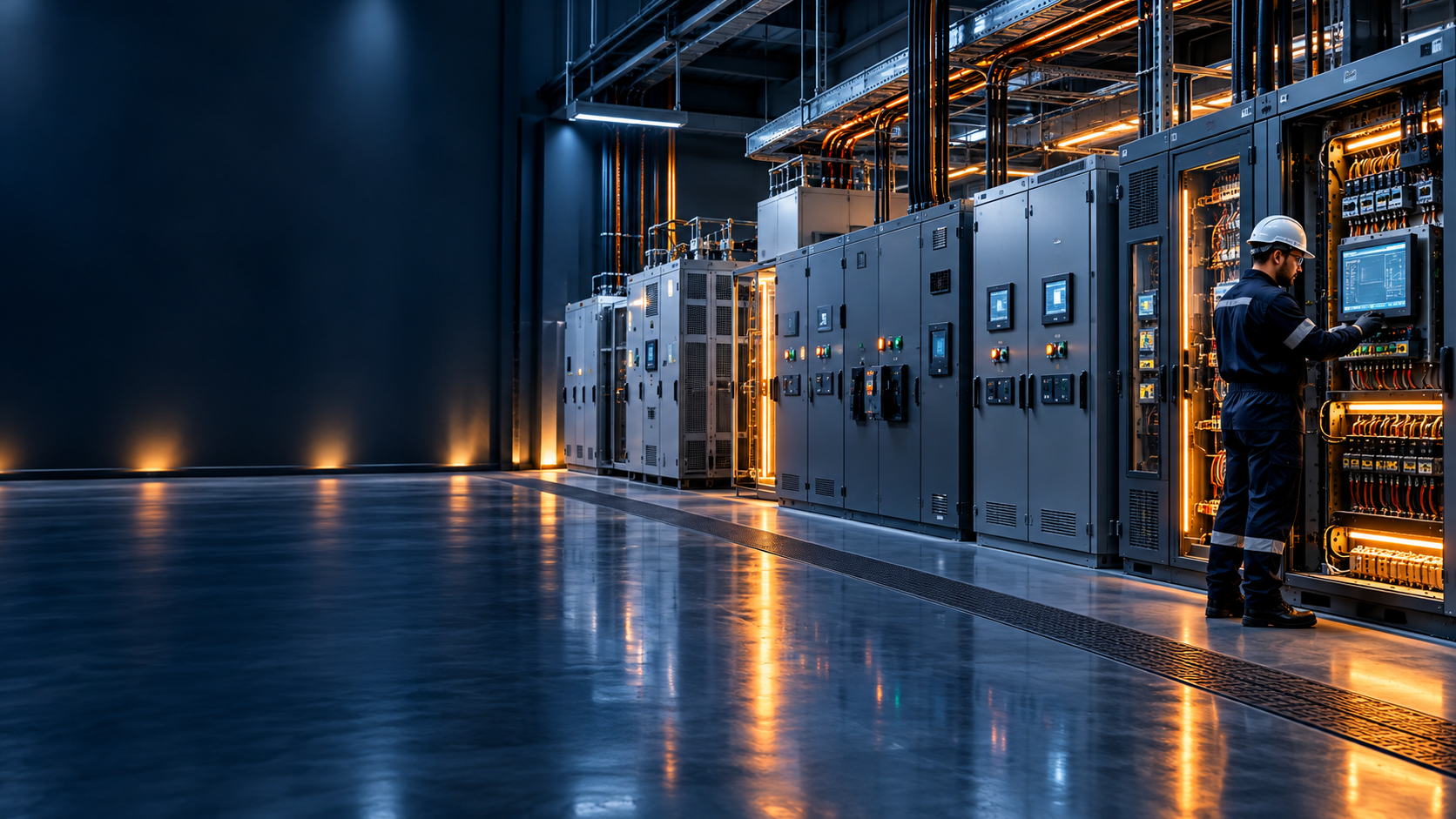 Ingénieur devant des installations électriques industrielles